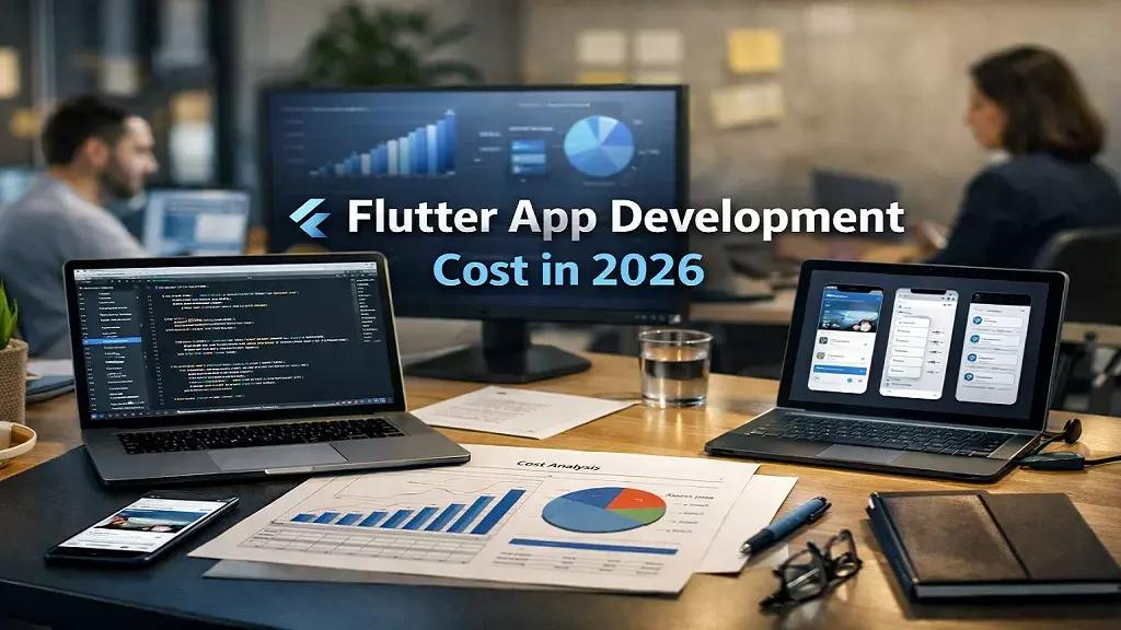 Flutter app development cost in 2026 showing modern developer workspace with Flutter UI and business cost planning