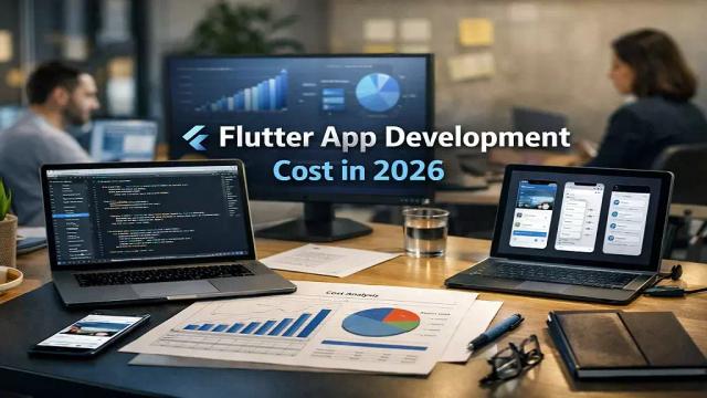 Flutter app development cost in 2026 showing modern developer workspace with Flutter UI and business cost planning
